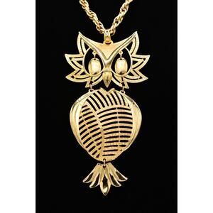 ALAN Vintage Owl Pendant Necklace Brushed Gold Signed Chunky Rope Chain 9J